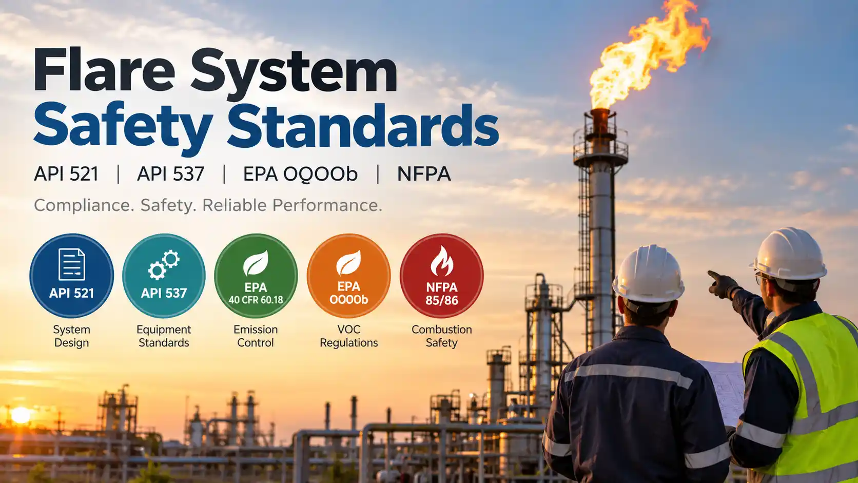 Flare system safety standards for API 521, API 537, EPA OOOOb, and NFPA 85/86 in an industrial refinery setting.
